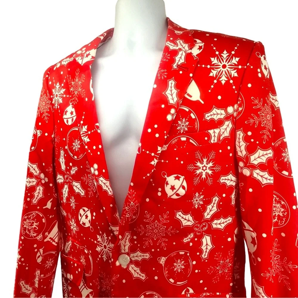 Suslo Couture Mens Red Christmas Blazer Single Button 44R Slim Fit